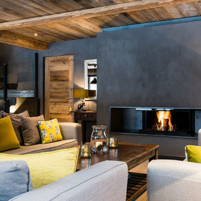 Comfortable sofas around contemporary log fireplace